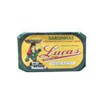 Packaged sardines piri piri with Lucas brand label on a white background