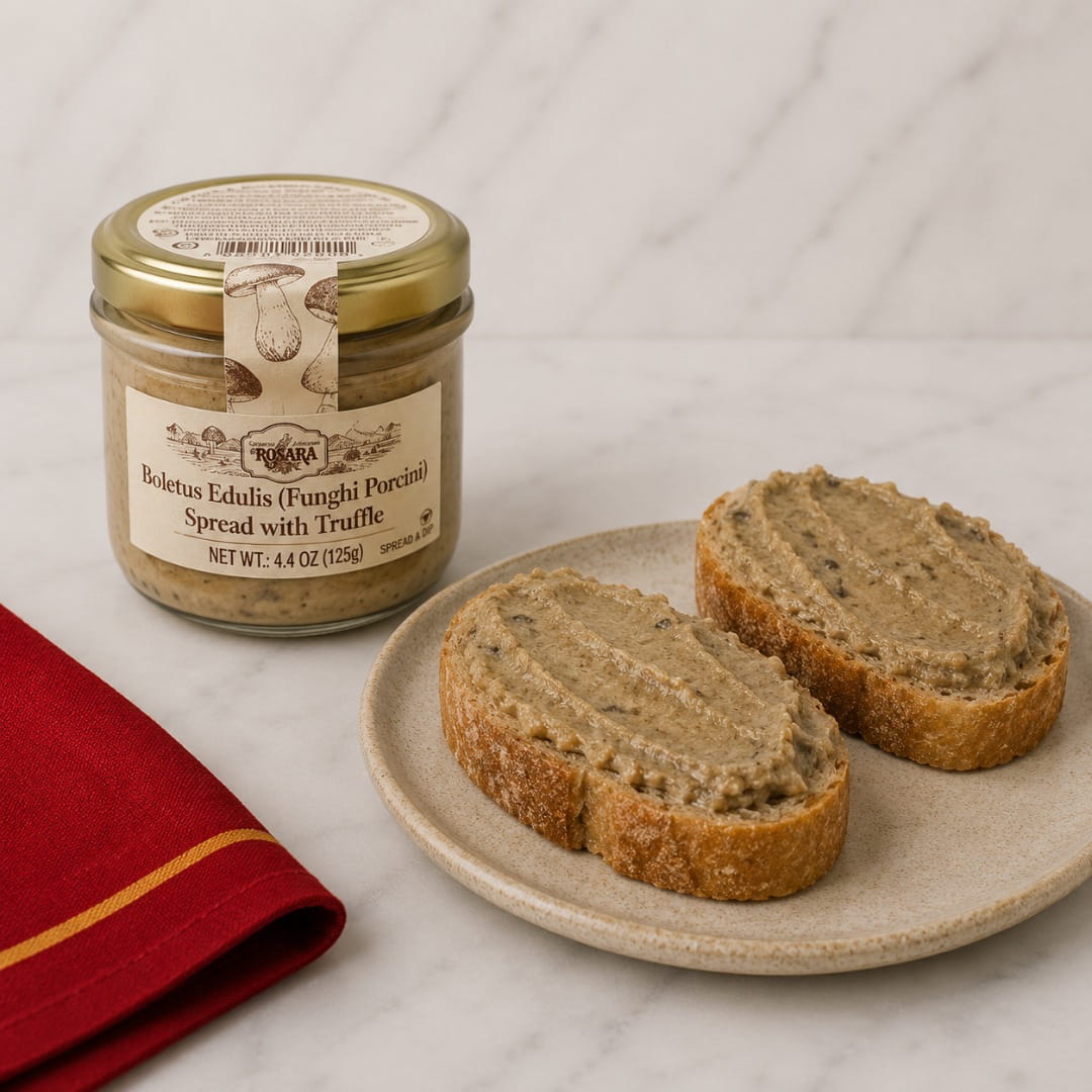 A jar Boletus Edulis (fungsi Porcini) Spread with Truffle spread sits on a white marble surface next to two slices of toasted bread spread with the product, on a beige ceramic plate, with a red cloth napkin in the foreground.