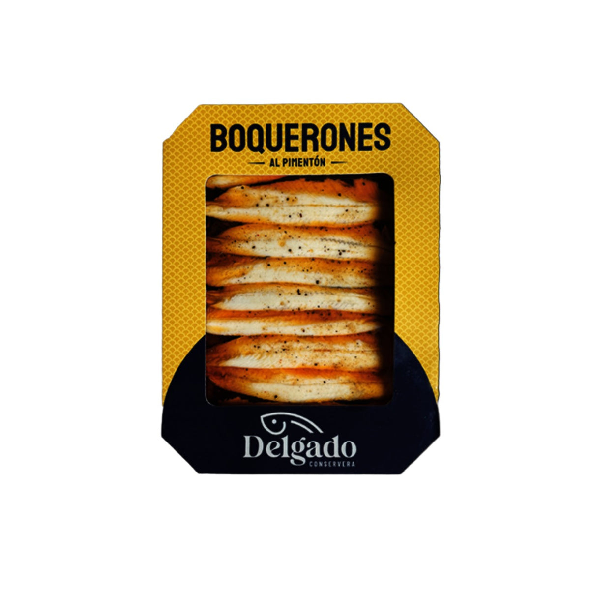 A package of Delgado Boquerones al Pimentón, featuring golden-brown bread stuffed with salami, visible through a clear window on a yellow and black box.