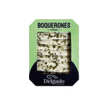 Pack of Delgado Gourmet Boquerones Alinados in a green and navy cardboard box with a clear window showing the sliced cured meat.