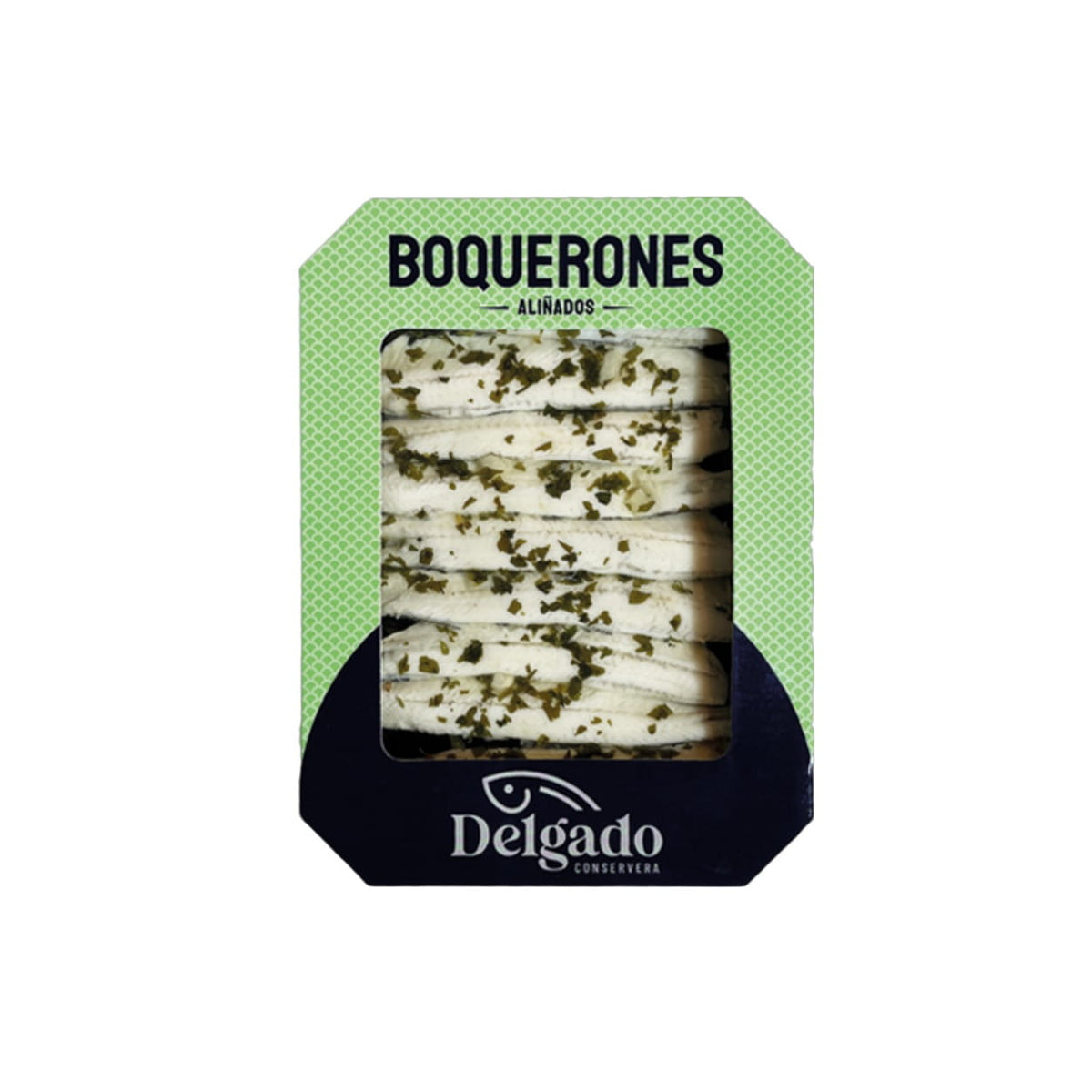 Pack of Delgado Gourmet Boquerones Alinados in a green and navy cardboard box with a clear window showing the sliced cured meat.