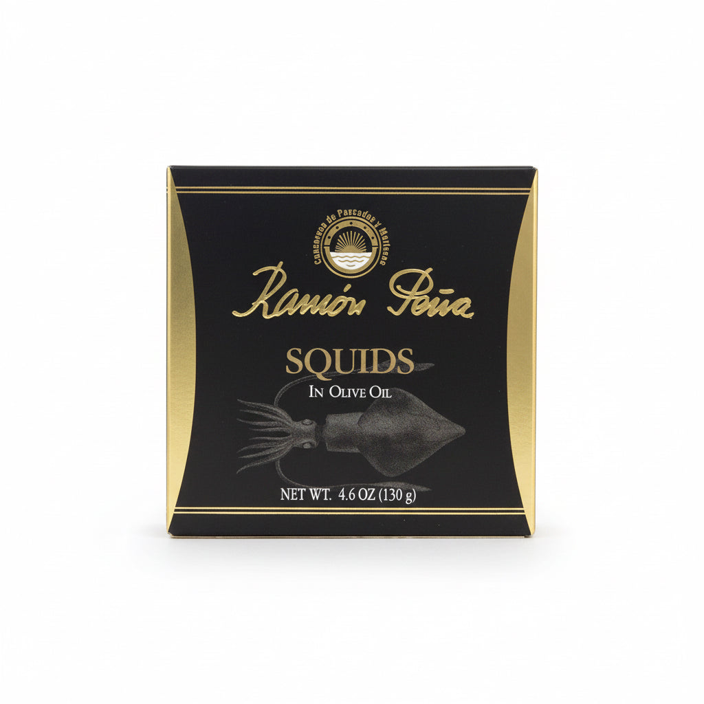 Ramon Pena baby Squids in Olive Oil packaging on a white background