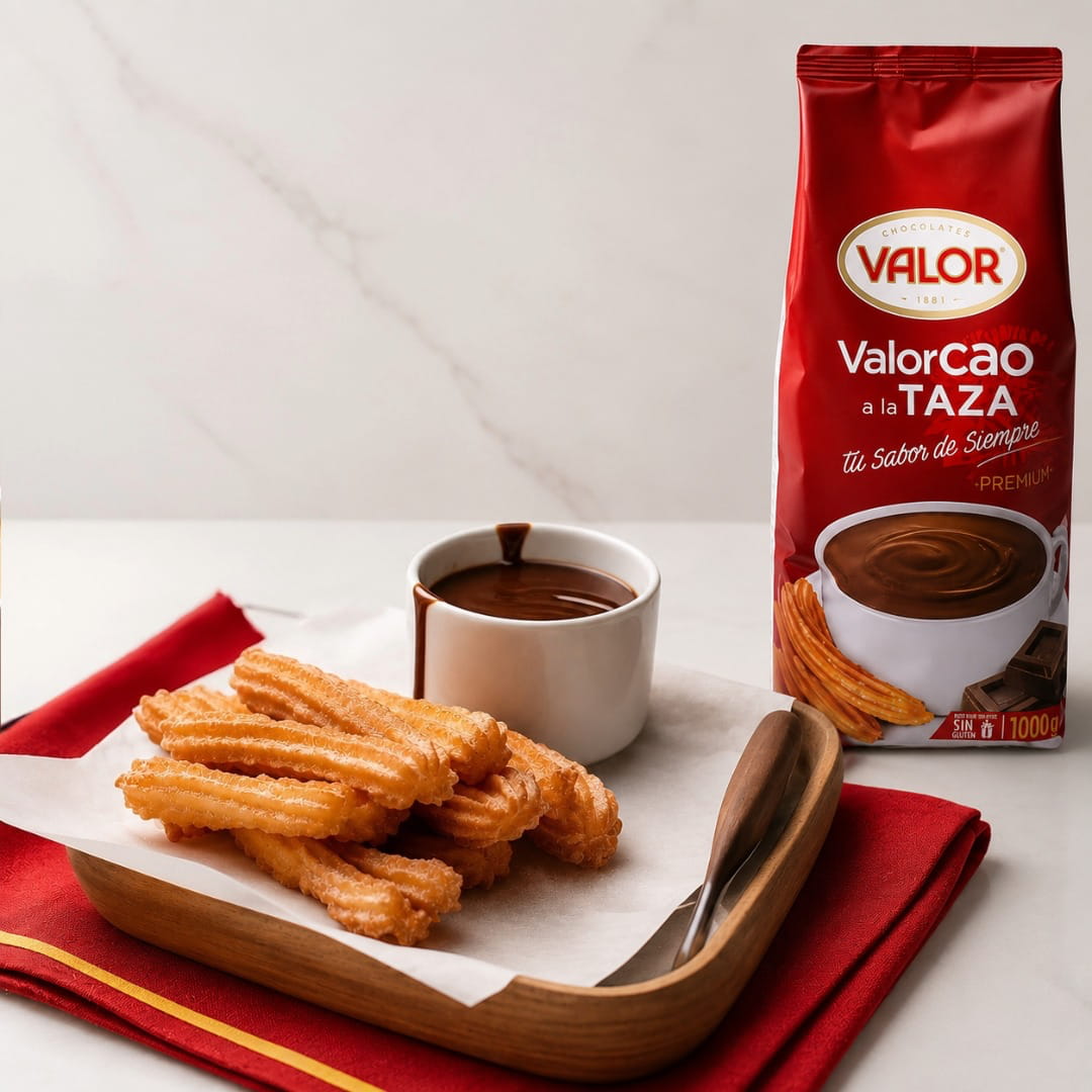 A bag of Valor chocolate a la Taza sits on a red cloth next to a wooden tray holding churros, a white cup of chocolate sauce, and a spoon, with the branded red bag standing behind them on a light marble surface.