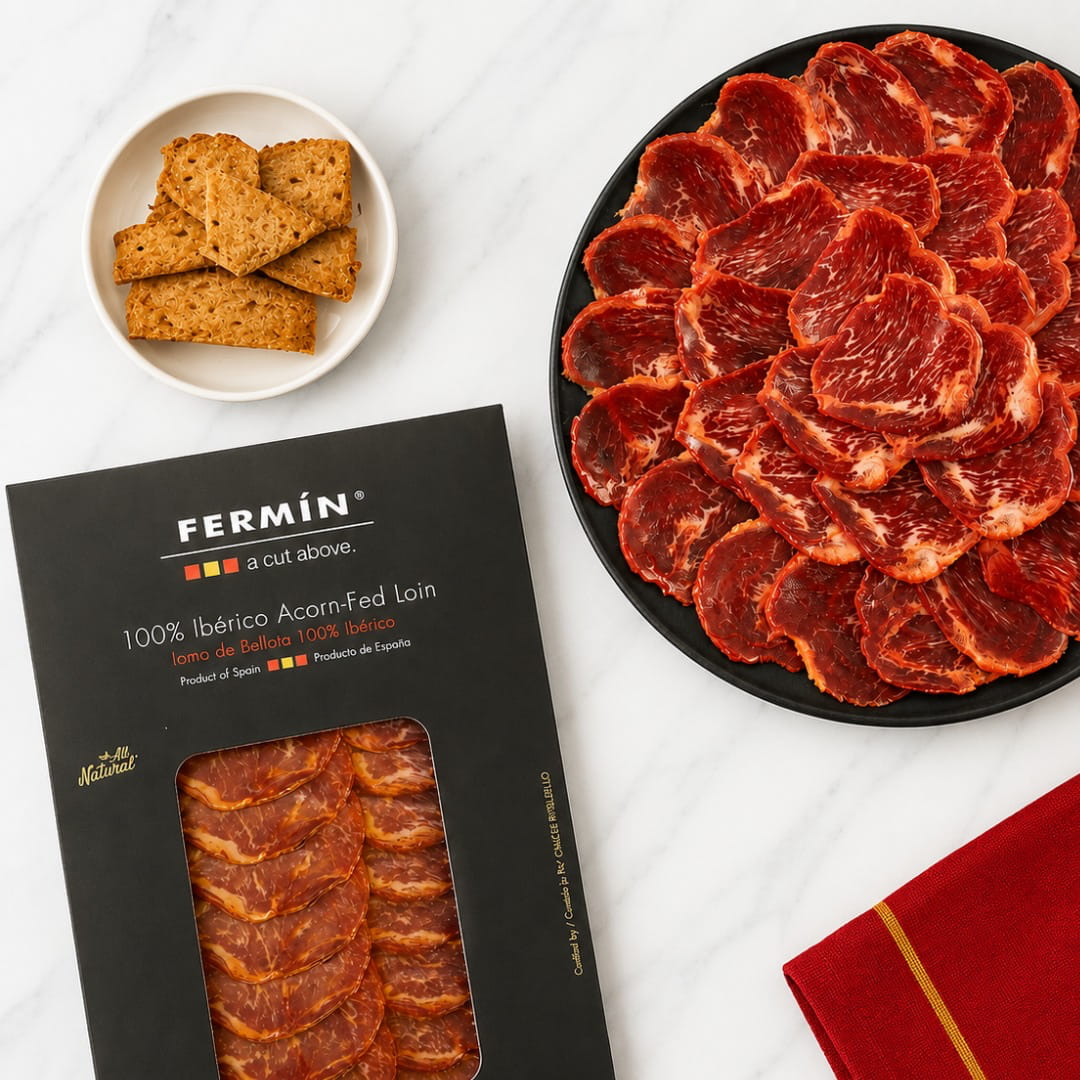 Fermín sliced cured meat in a black package beside a black platter filled with the raw sliced product, with a small white dish of crackers on a light marble surface.