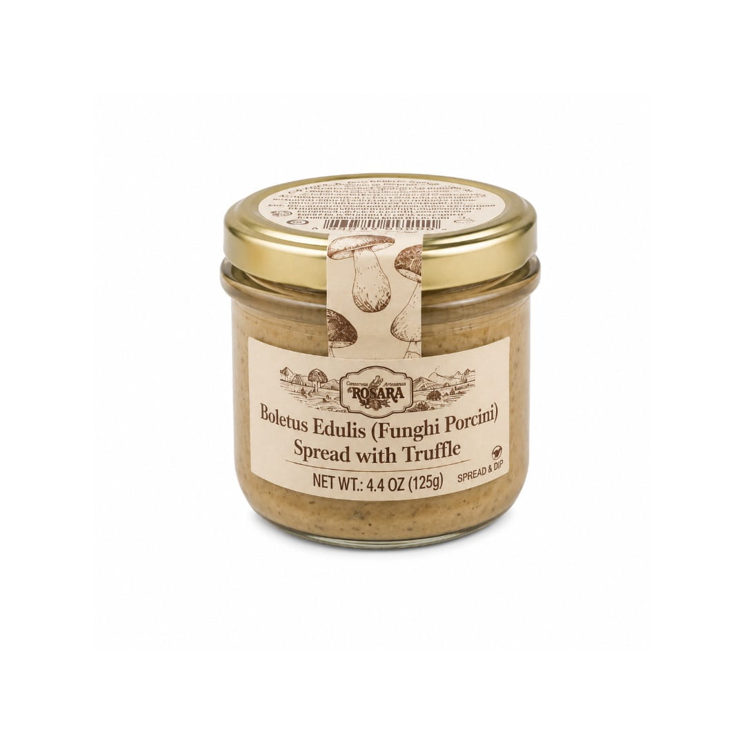 A glass jar of Boletus Edulis (Funghi Porcini) Spread with Truffle, featuring a beige label and a gold metal lid, set against a plain white background.