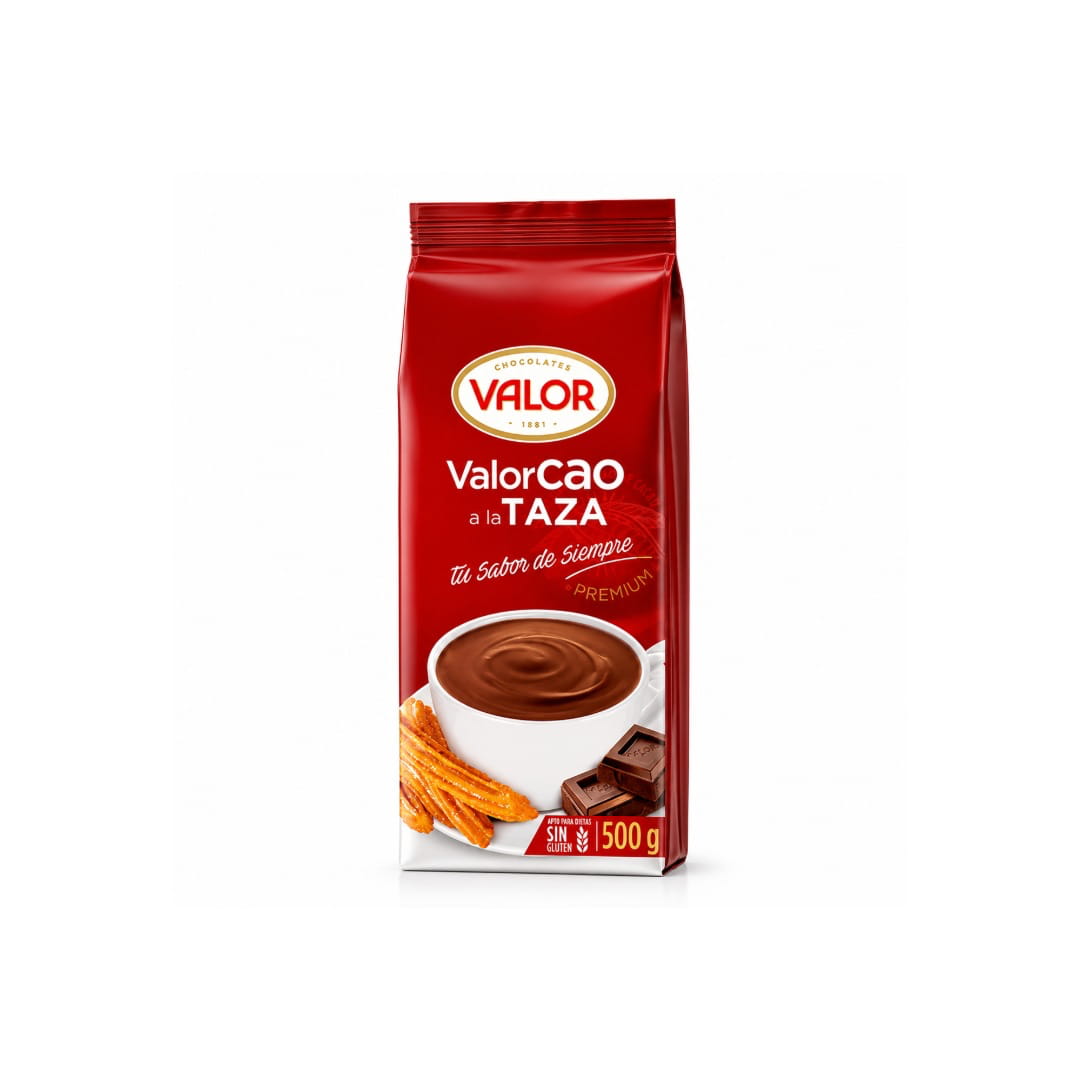 A 150g bag of Valor ValorCao a la Taza chocolate sauce, featuring a red packaging design with a bowl of chocolate sauce, cinnamon sticks, and chocolate pieces.