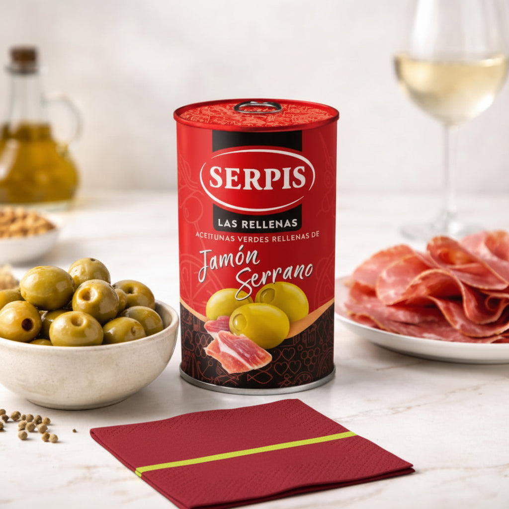 Serpis can of stuffed olives with a plate of cured meat and bowl of olives on a table.