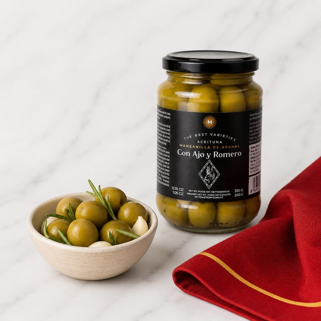 A jar of gourmet Spanish green olives with garlic and rosemary, styled on a white marble surface next to a small bowl of fresh olives and a red cloth napkin.