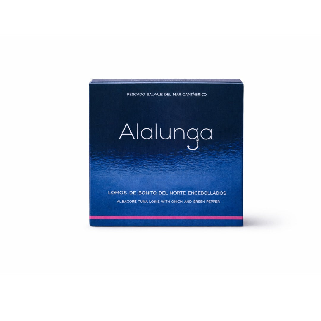 Blue packaging box with 'Alalunga' branding on a white background