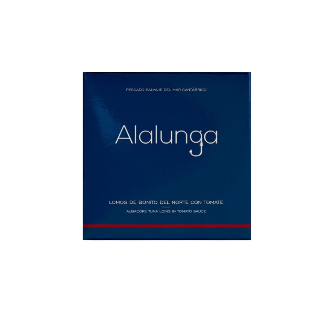 Alalunga bonito in toato sauce product packaging with blue background and white text