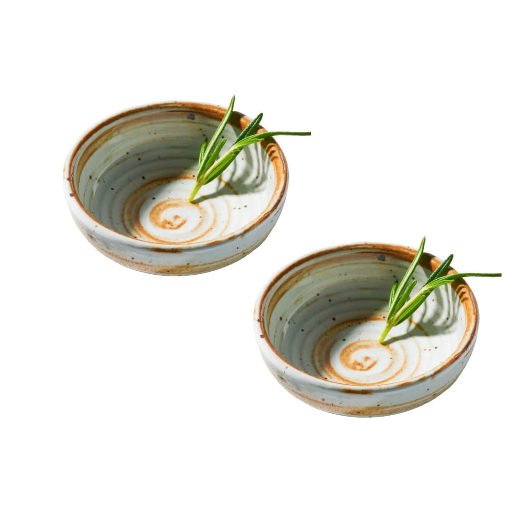 Two ceramic bowls with a decorative pattern and green leaves on a white background