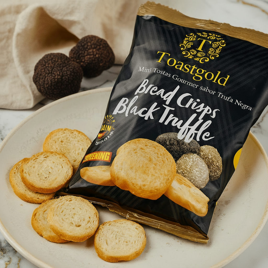 Toastgold Black Truffle bread crisps on a plate with packaging