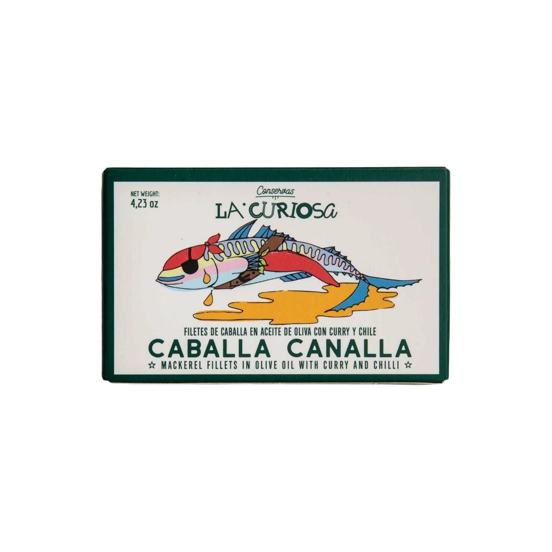 A rectangular package of La Curiosita Caballa Canalla mackerel fillets in olive oil with curry and chili, featuring a colorful fish illustration on a white background with a dark green border.