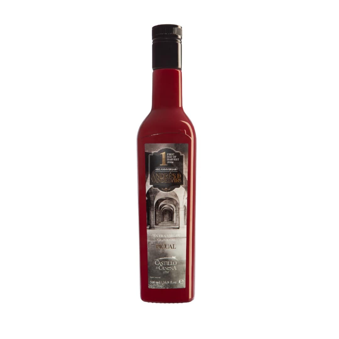 Bottle of Castillo de Canena olive oil on a white background