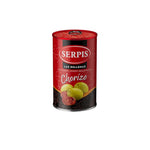 Red can of Olives Serpis Chorizo on a white background
