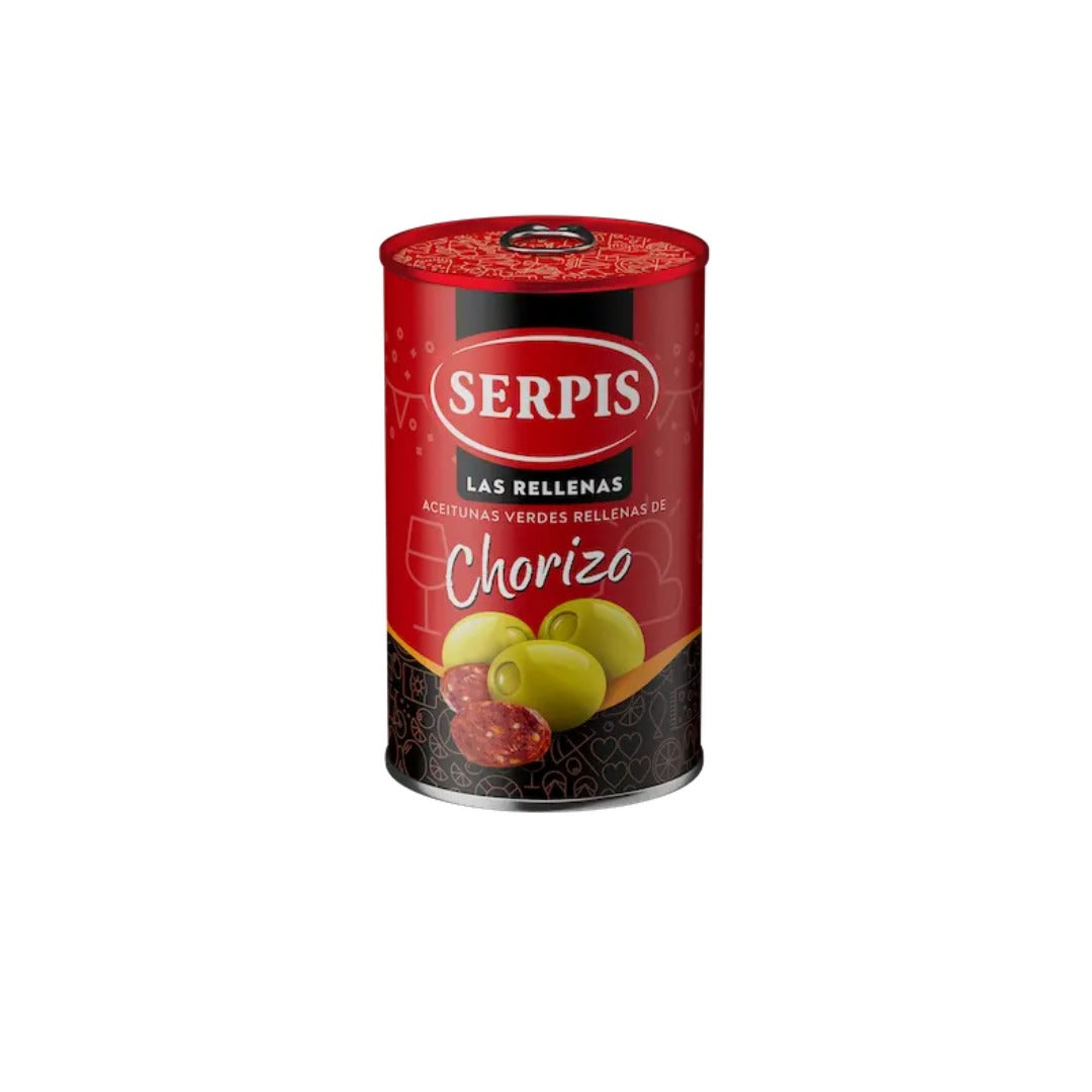 Red can of Olives Serpis Chorizo on a white background