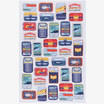 table runner with decorative design with various tinned fish on a white background