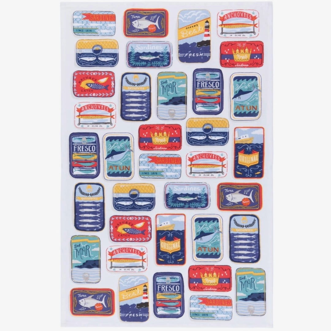 table runner with decorative design with various tinned fish on a white background