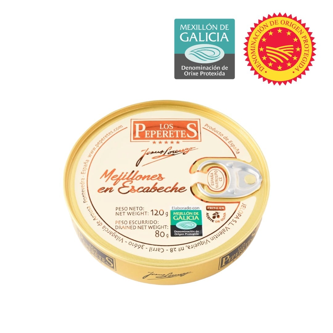 Tin of Los Peperetes Mejillones en Escabeche with branding and certification logos on a white background