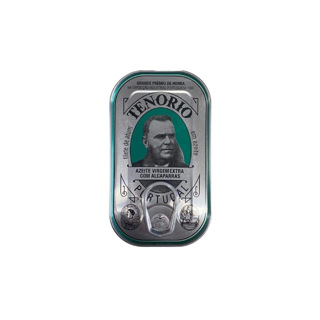 Tin of Tenorio tuna fillets with capers in olive oil with a portrait on a white background