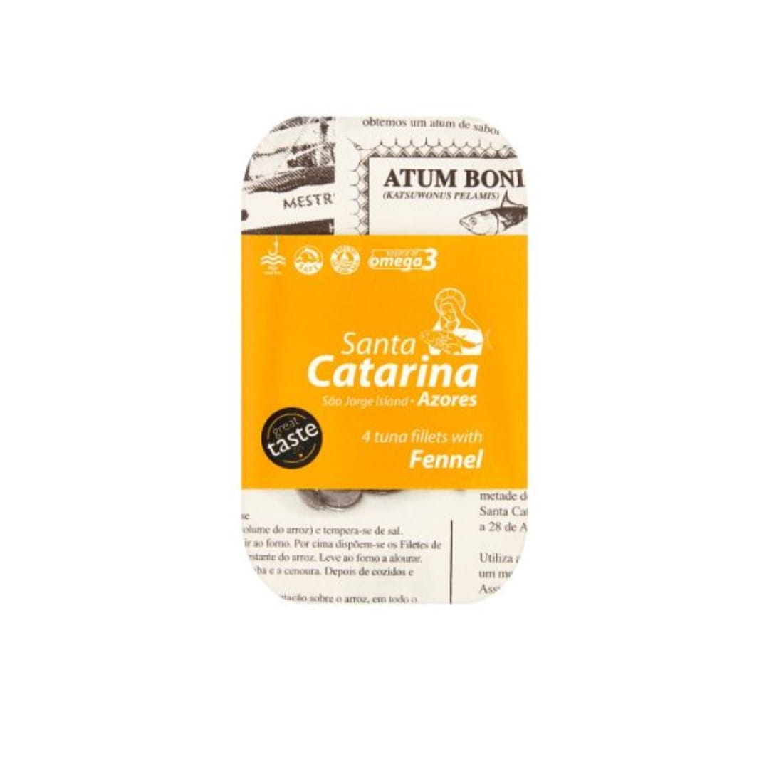 Packaging of Santa Catarina Azores tuna fillets with fennel on a white background