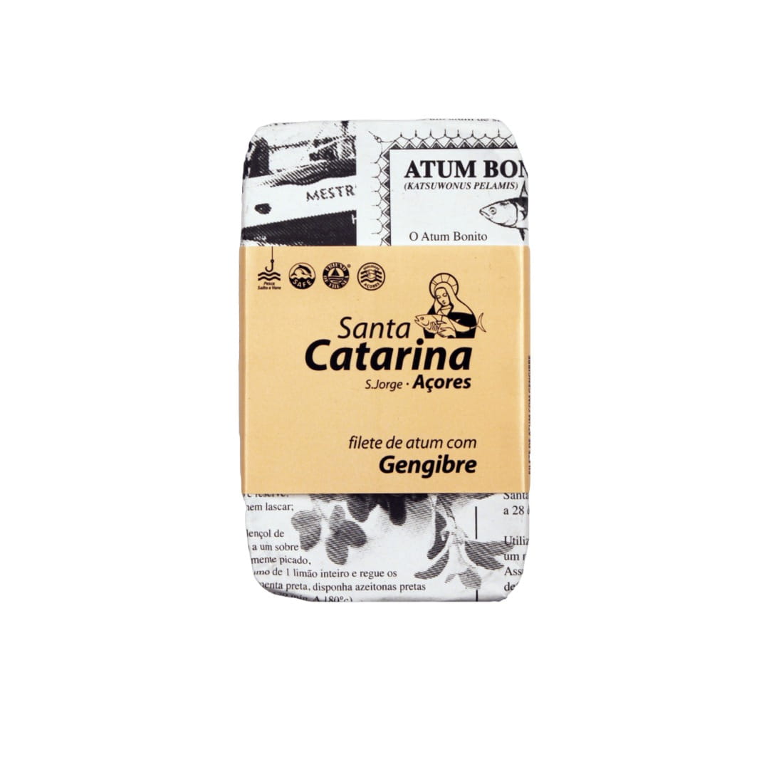 Packaged tin of tuna with 'Santa Catarina' branding on a white background