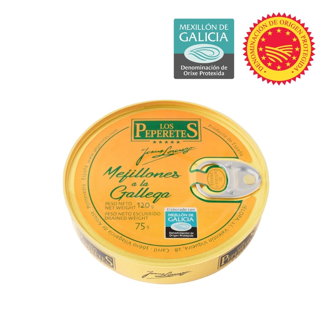 Yellow can of Los Peperetes Galician style mussels on a white background