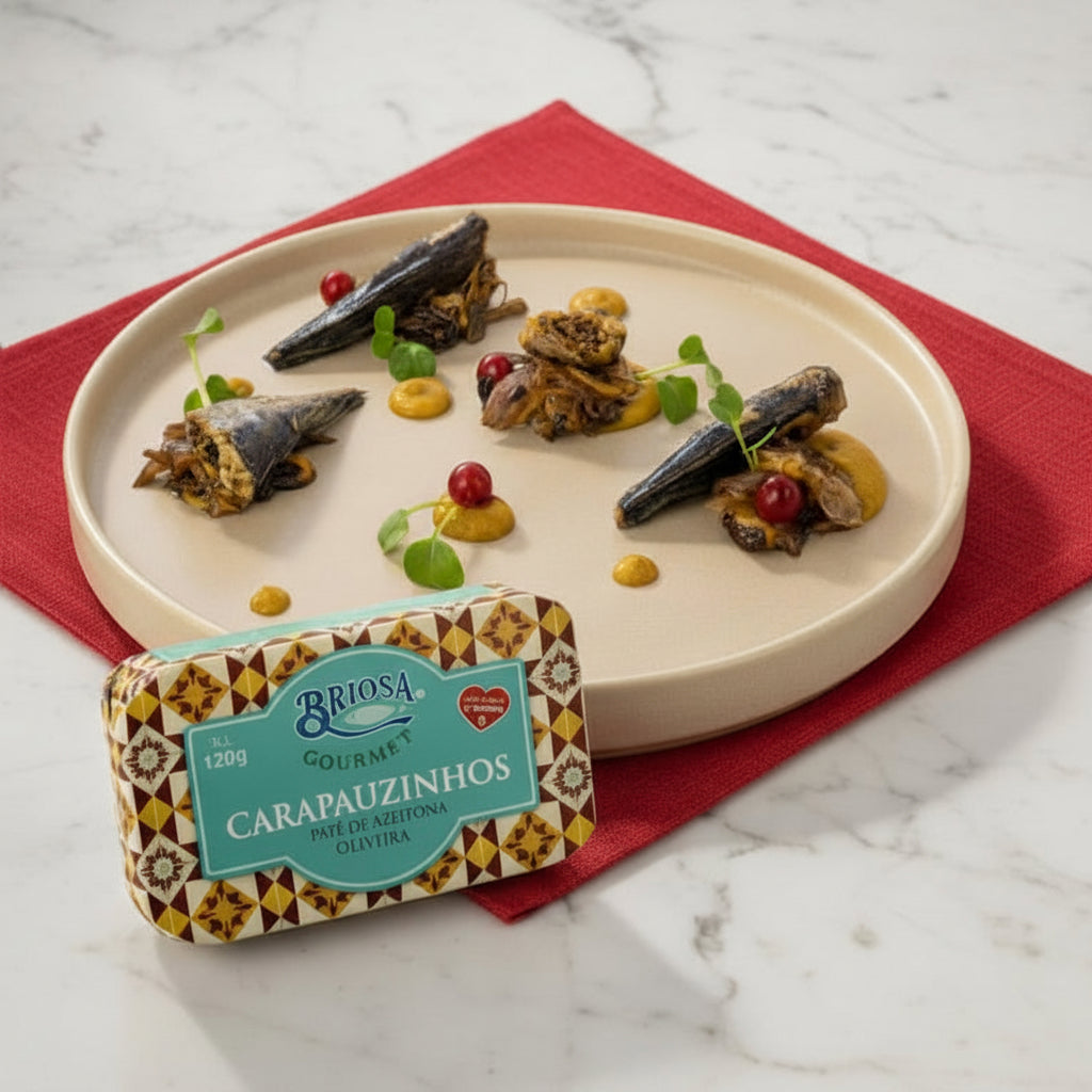 Plated dish of mackerel with a Briosa Gourmet packaging on a marble surface
