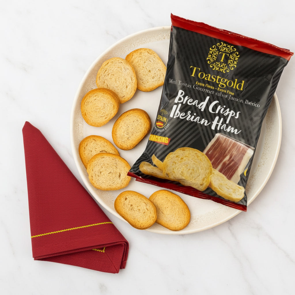 Toastgold Bread Crisps Iberian Ham package with crackers on a plate