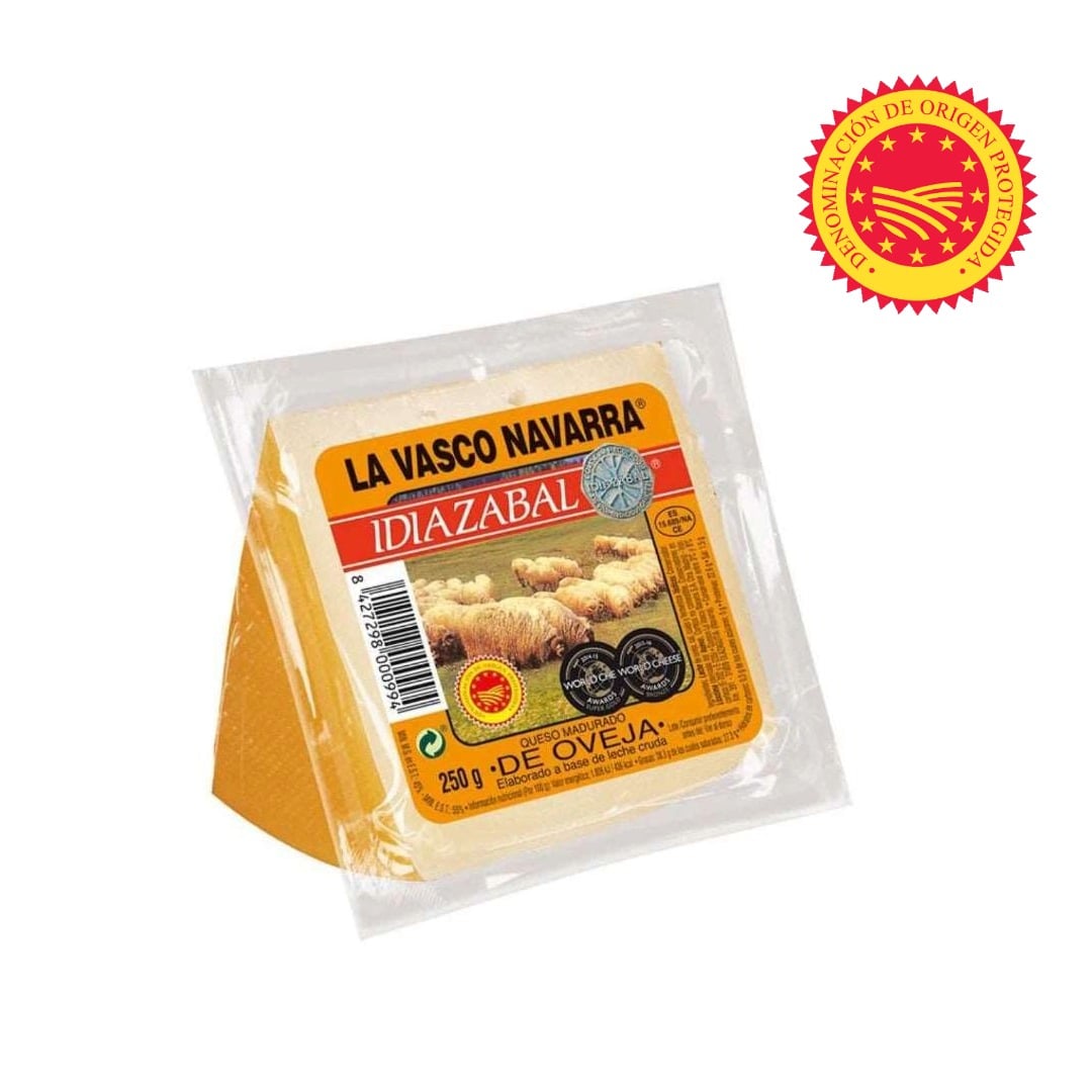 Packaged Idiazabal cheese with 'La Vasco Navarra' label on a white background