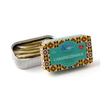Open tin of 'Carapauzinhos' with decorative lid on a white background