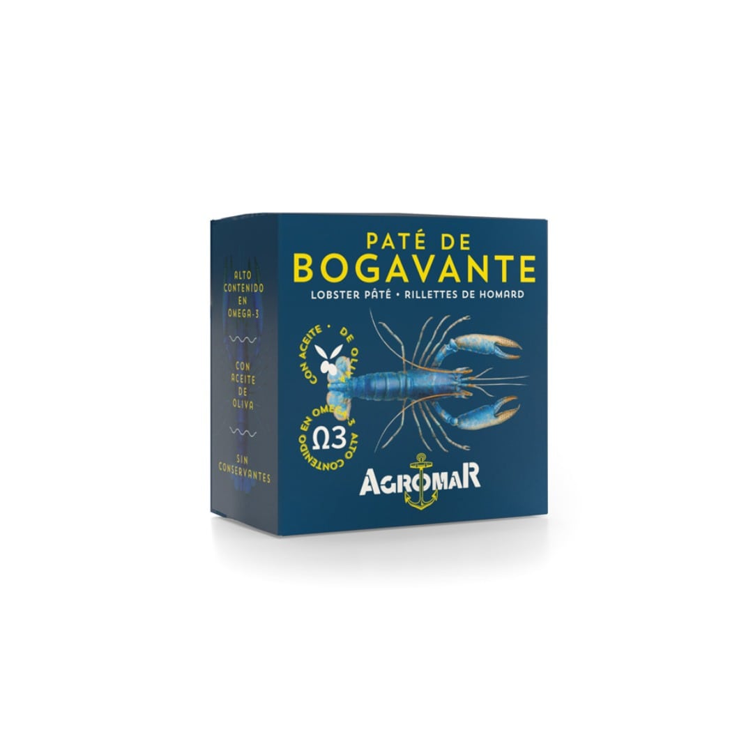 Box of Páte de Bogavante lobster pété with Agromar branding on a white background