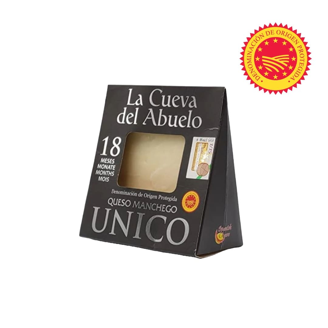 Packaged manchego cheese with 'La Cueva del Abuelo' branding on a white background