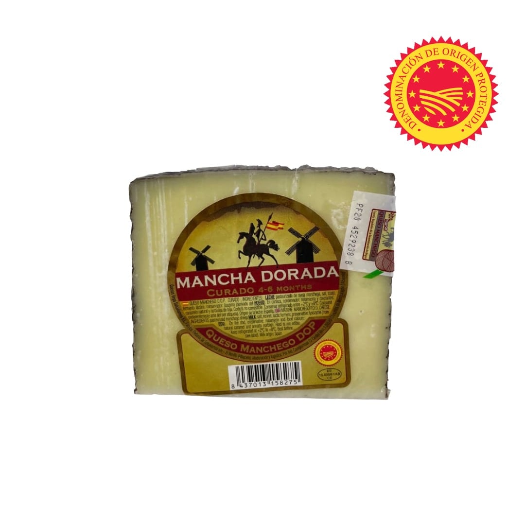Mancha Dorada manchego cheese block with a label and certification logo on a white background