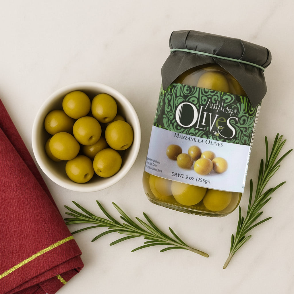 a jar of manzanilla olives with rosemary