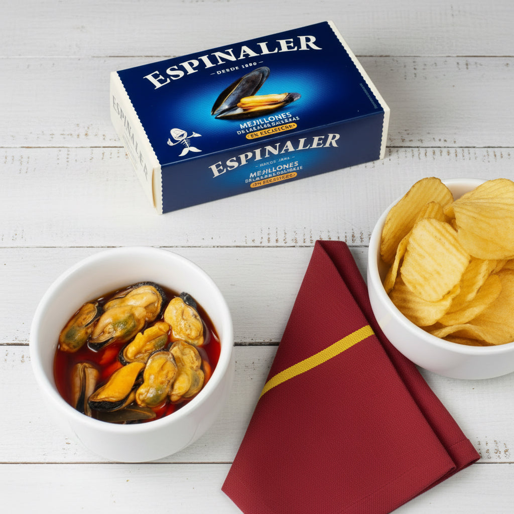 A can of Espinaler mussels in escabeche next to a bowl of mussels and a glass of beer on a grey surface.
