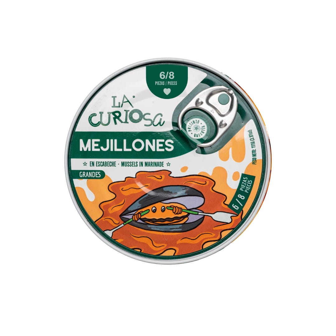 Tin of La Curiosa Mejillones with a colorful label on a white background