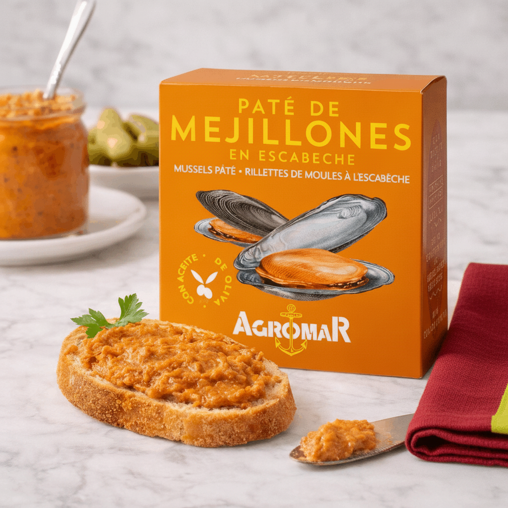 Box of Agromar páté de mejillones with a spreadable páté on toast.