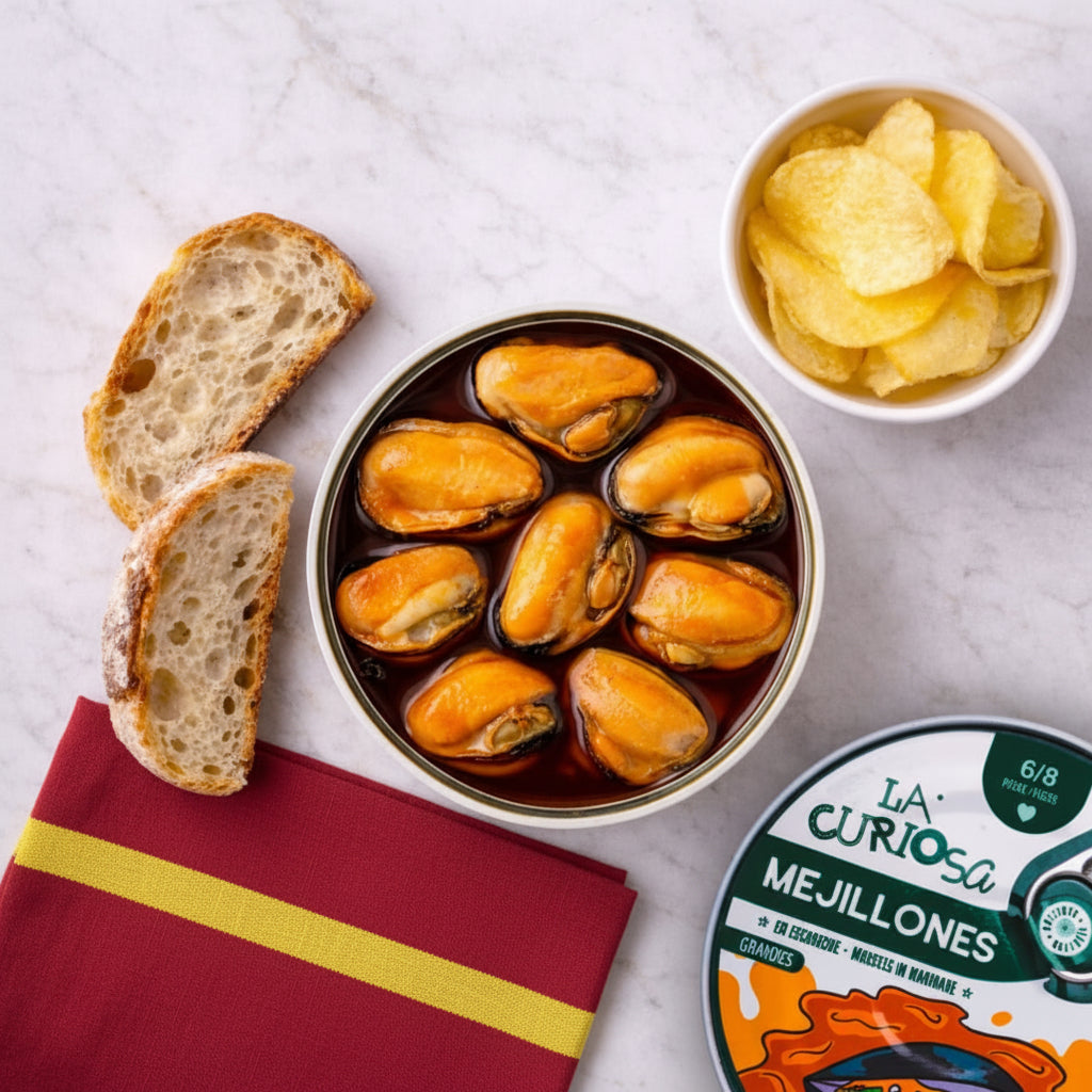 Can of La Curiosa Mejillones with bread and potato chips on a white surface