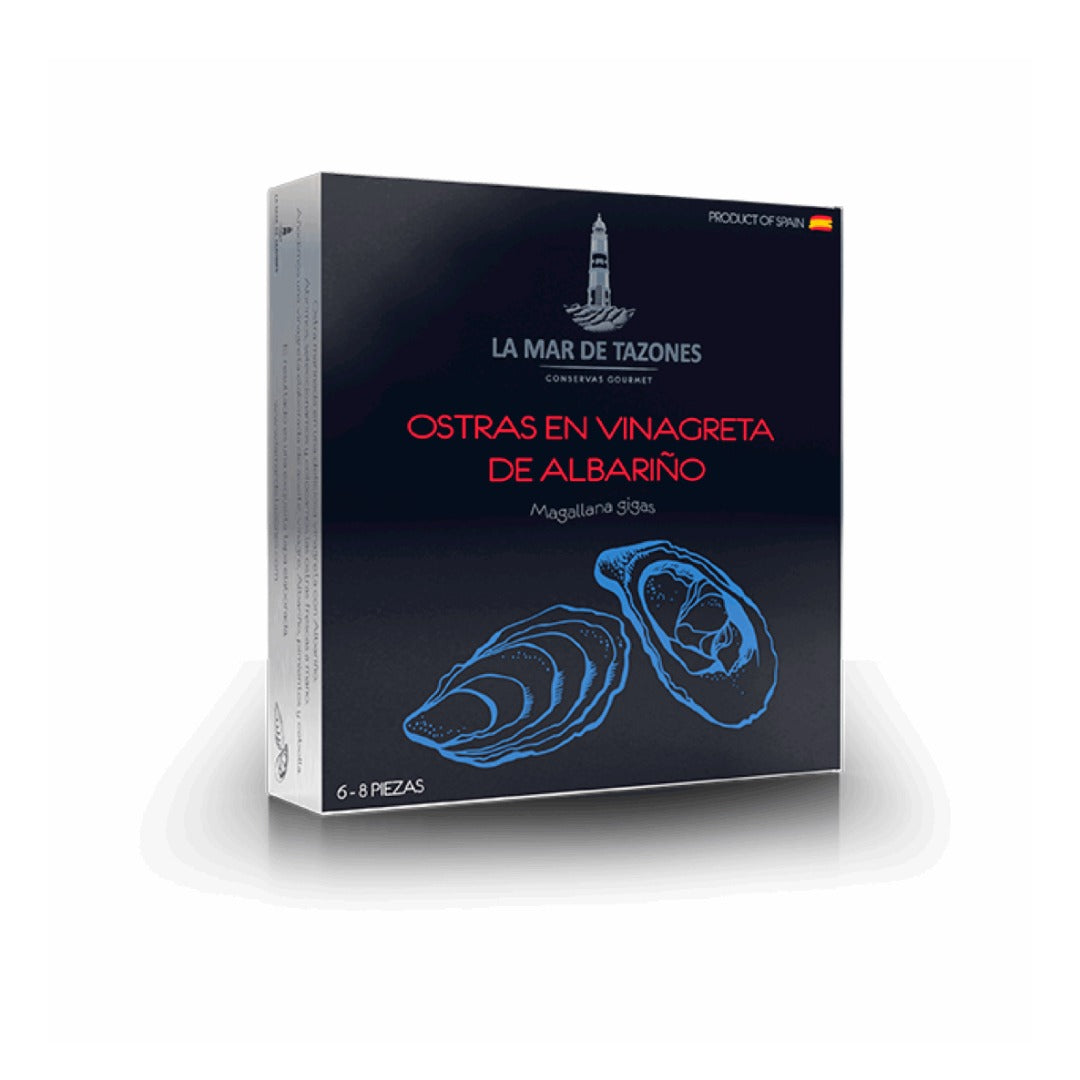 Box of La Mar de Tazones oysters with a dark background and blue text.