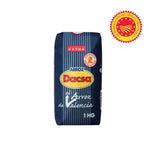 Dacsa rice bag with a blue background and red certification seal.