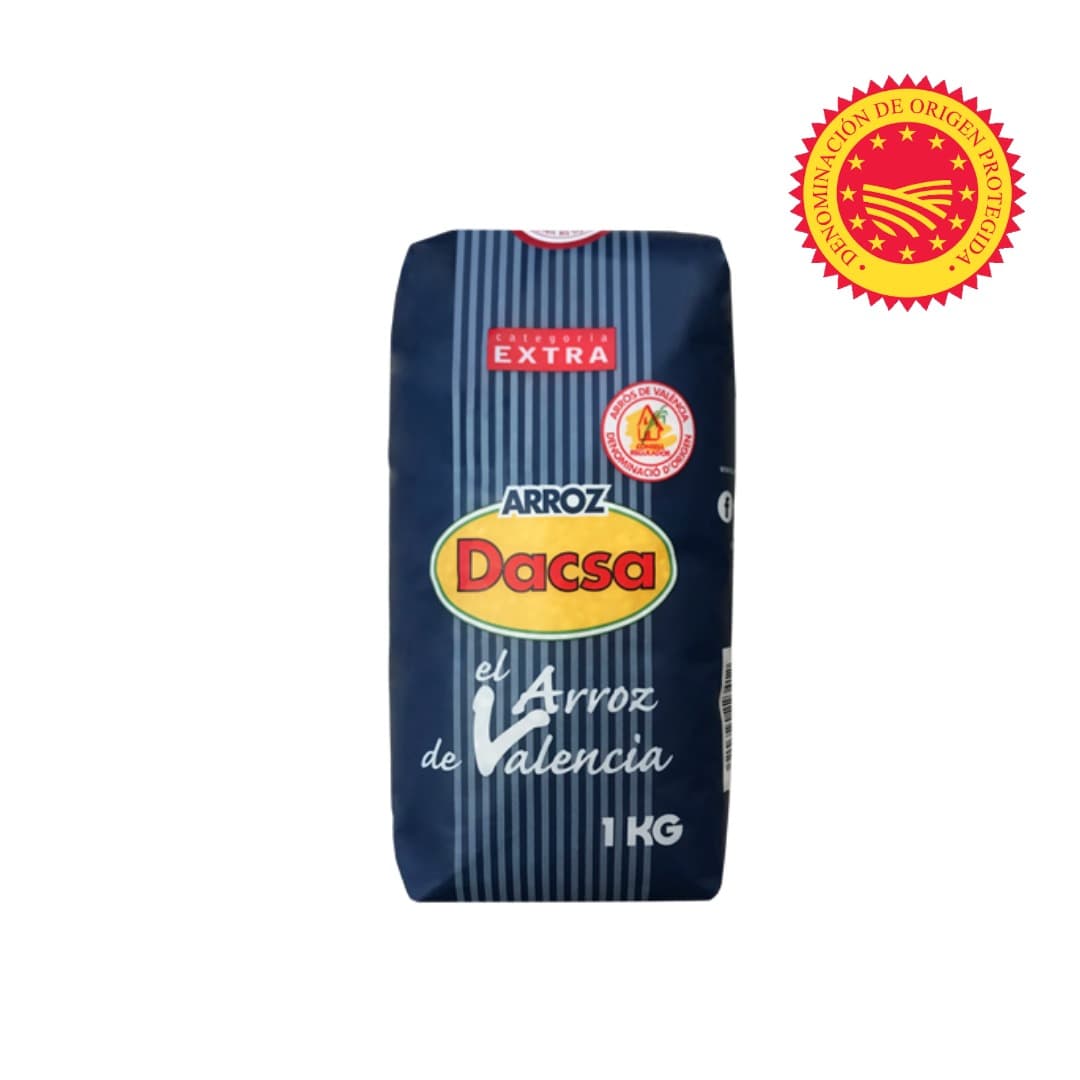 Dacsa rice bag with a blue background and red certification seal.