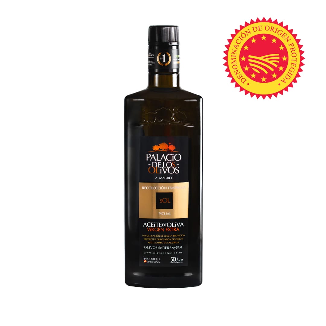 Bottle of Palacio de los Olivos olive oil with a certification emblem on a white background