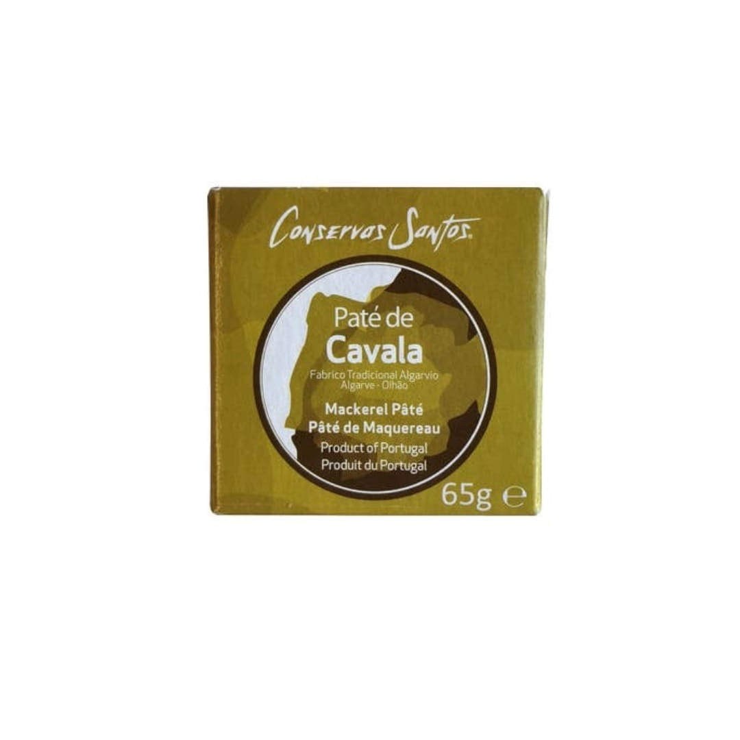 Packaging of Pate de Cavala with 'Conservos Santos' branding on a white background