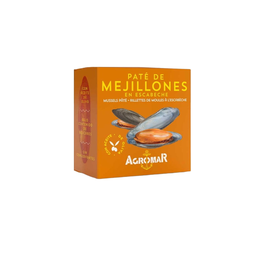 Orange box of Agromar Mejillones (mussels) on a white background
