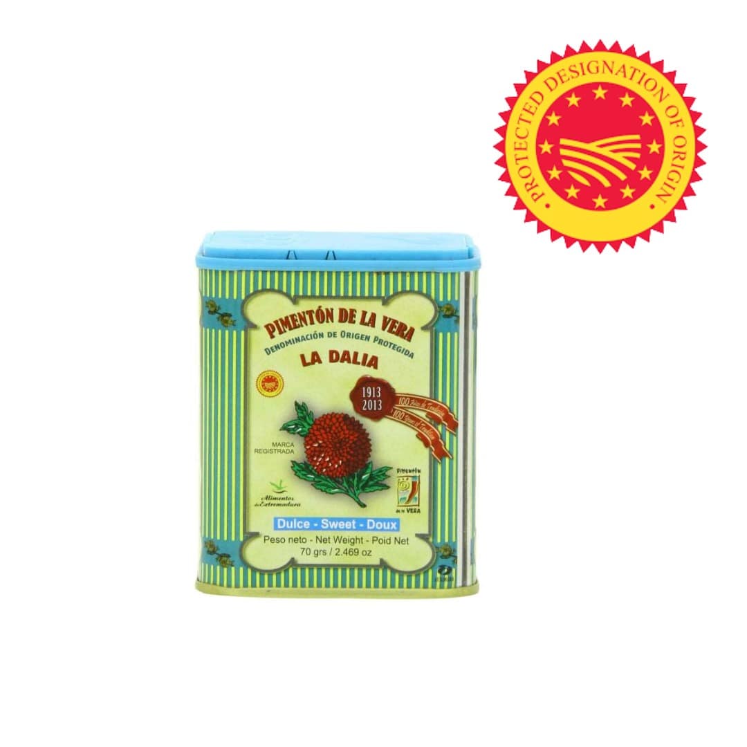 Tin packaging of 'Pimentón de la Vera' with aProtected Designation of Origin label on a white background