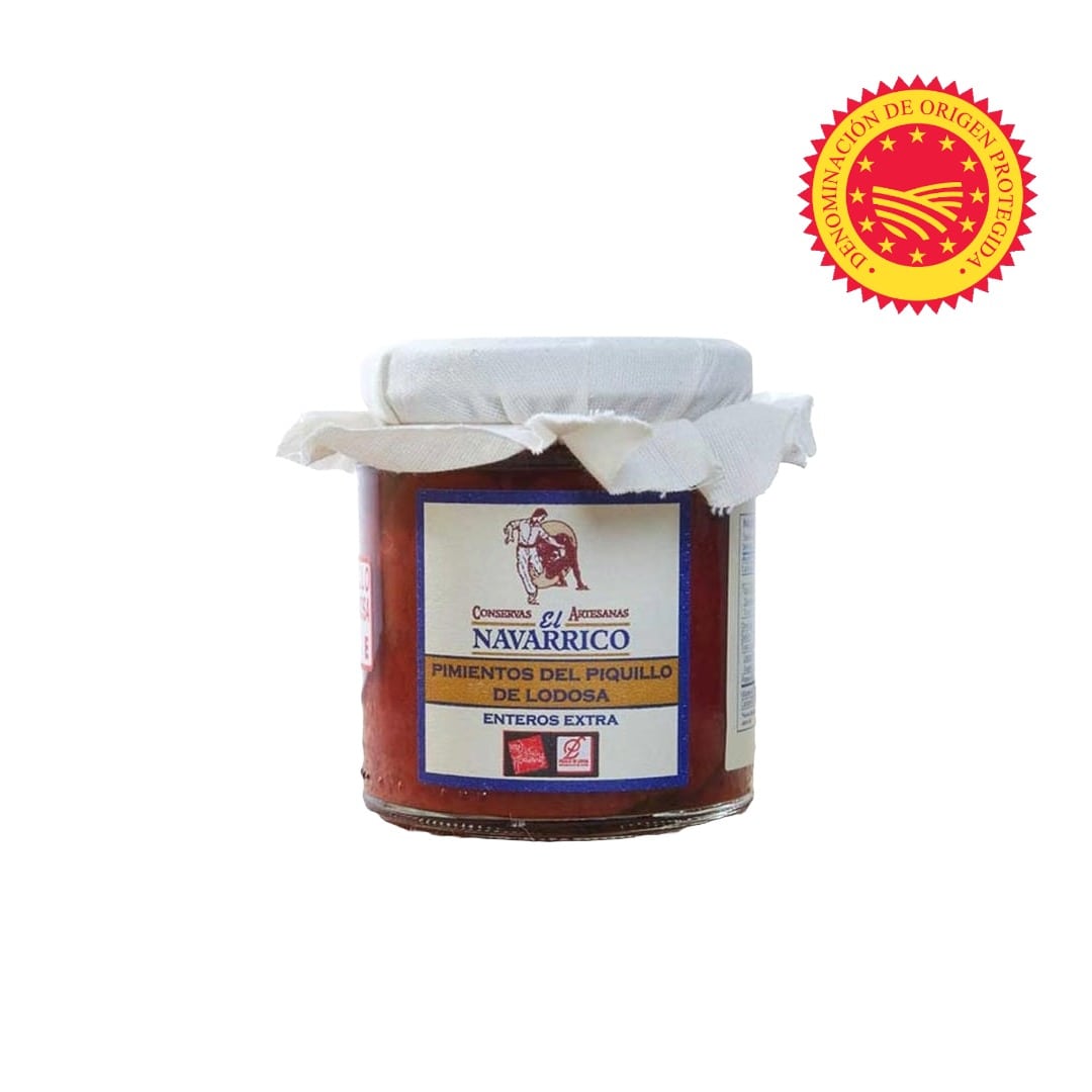 Jar of Navarrico pimientos del piquillo with a red certification label on a white background