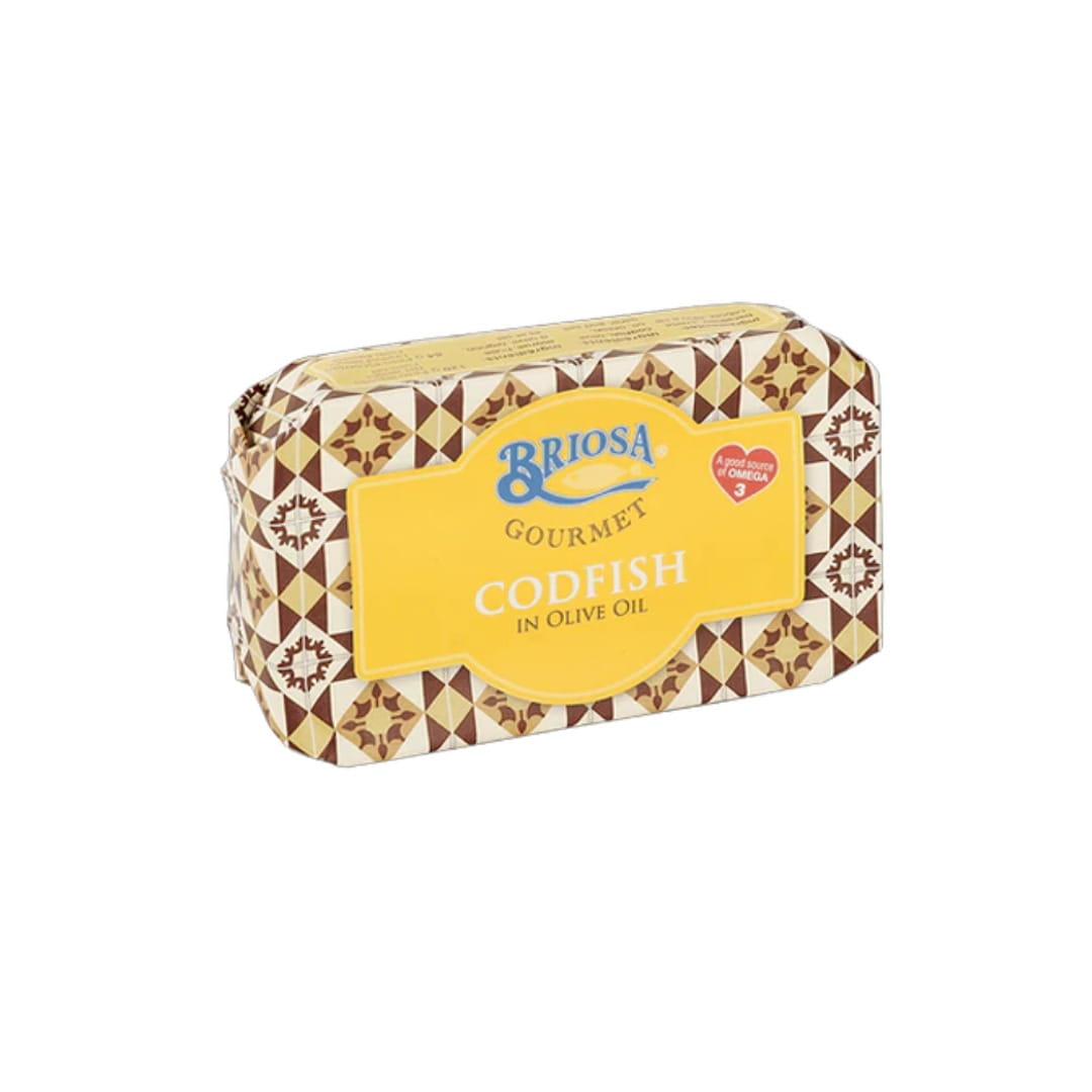 Packaged codfish in olive oil with Briosa branding on a white background