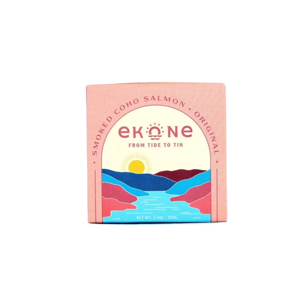 Ekone smoked coho salmon packaging with scenic design on a white background
