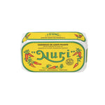 Tin of Nuri sardines in spicy olive oil on a white background